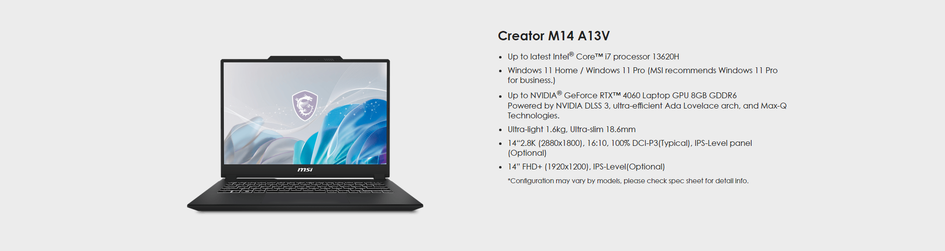 A large marketing image providing additional information about the product MSI Creator M14 (A13V) - 14" 13th Gen i7, RTX 4050, 16GB/1TB - Win 11 Notebook - Additional alt info not provided